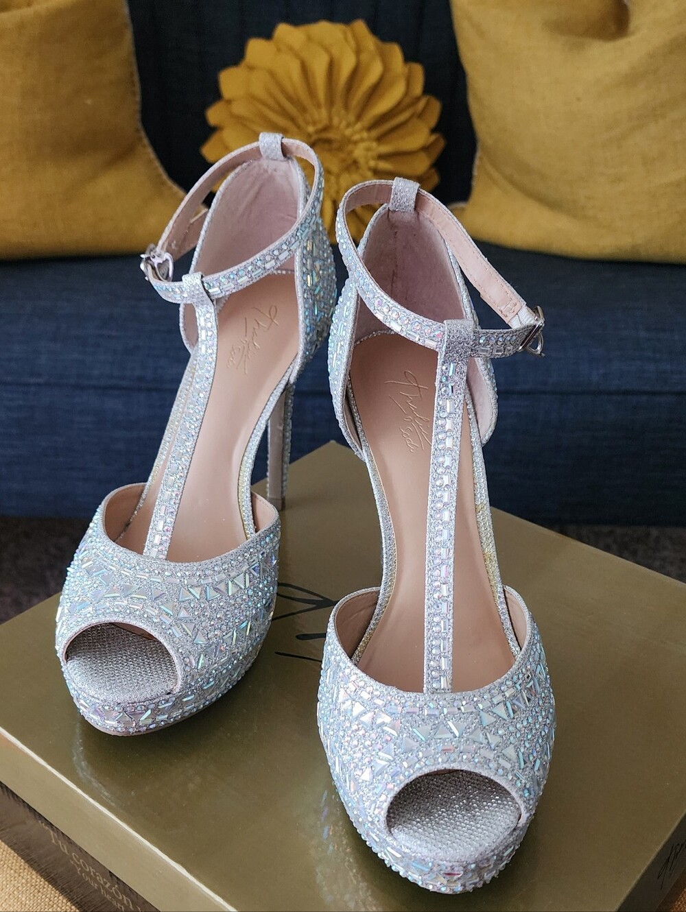 Thalia Sodi Iridescent Crystal T-Strap Platform Heels - Silver